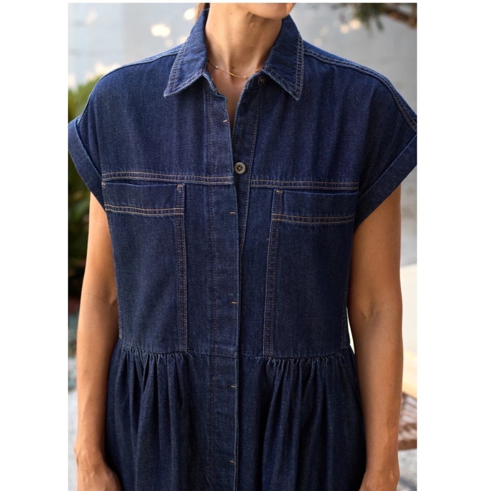 MAYE Harper Denim Dress Indigo Blue Midi Short Sleeve Button Front Relaxed 2X - Picture 5 of 7